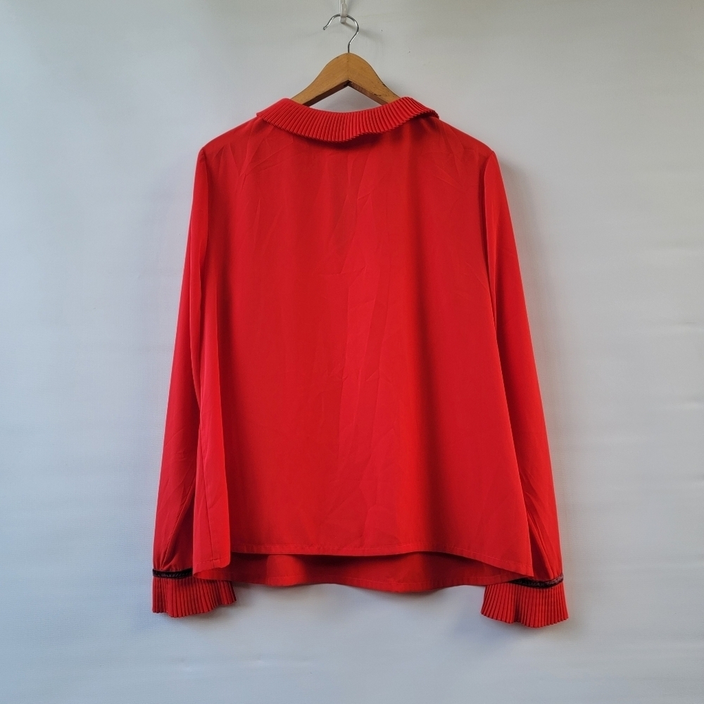 Boden Red Frieda Pleated Peter Pan Collar Velvet Neck Tie Bow Blouse Size 12 - Picture 6 of 16